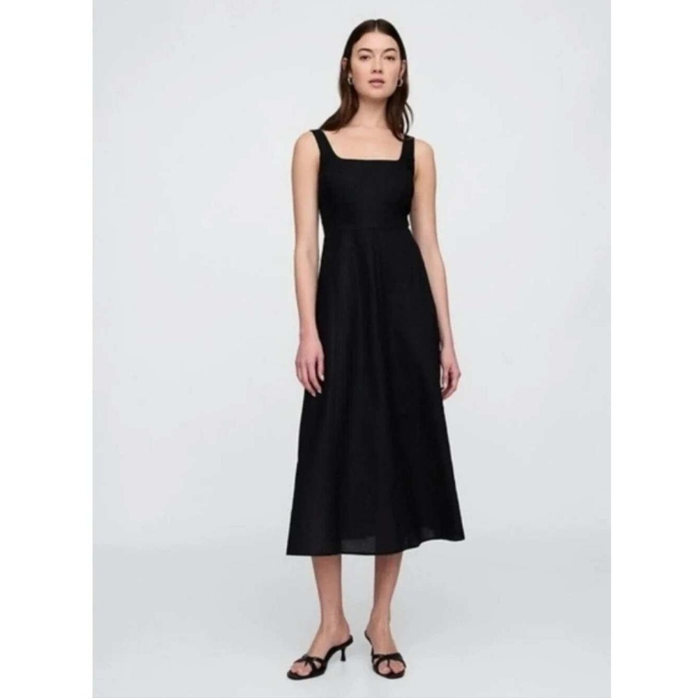 Gap Womens Black Linen Blend Square Neck Smocked Back Midi Dress S 729587-01